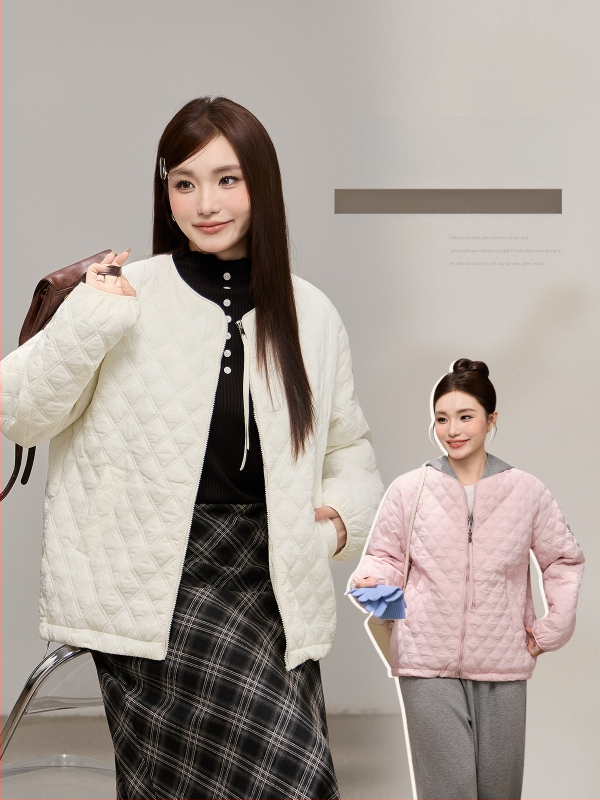 Korėjiečio stiliaus žieminis švarkas su apvaliu kaklu, kvilintu medvilnės įdaru, laisvas kirpimas