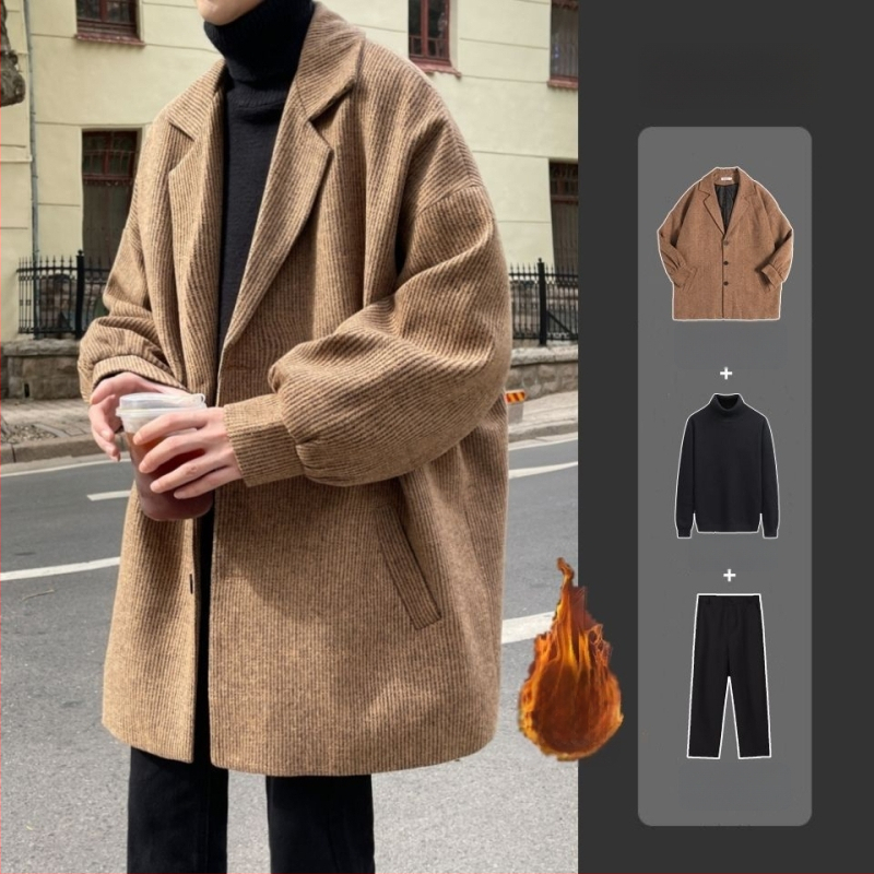 Pánsky vlnený kabát, hongkongský štýl, krátka dĺžka, jednopredné zapínanie, sakový golier, zajacie kožušiny