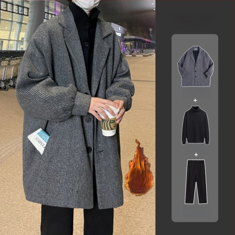 Pánsky vlnený kabát, hongkongský štýl, krátka dĺžka, jednopredné zapínanie, sakový golier, zajacie kožušiny