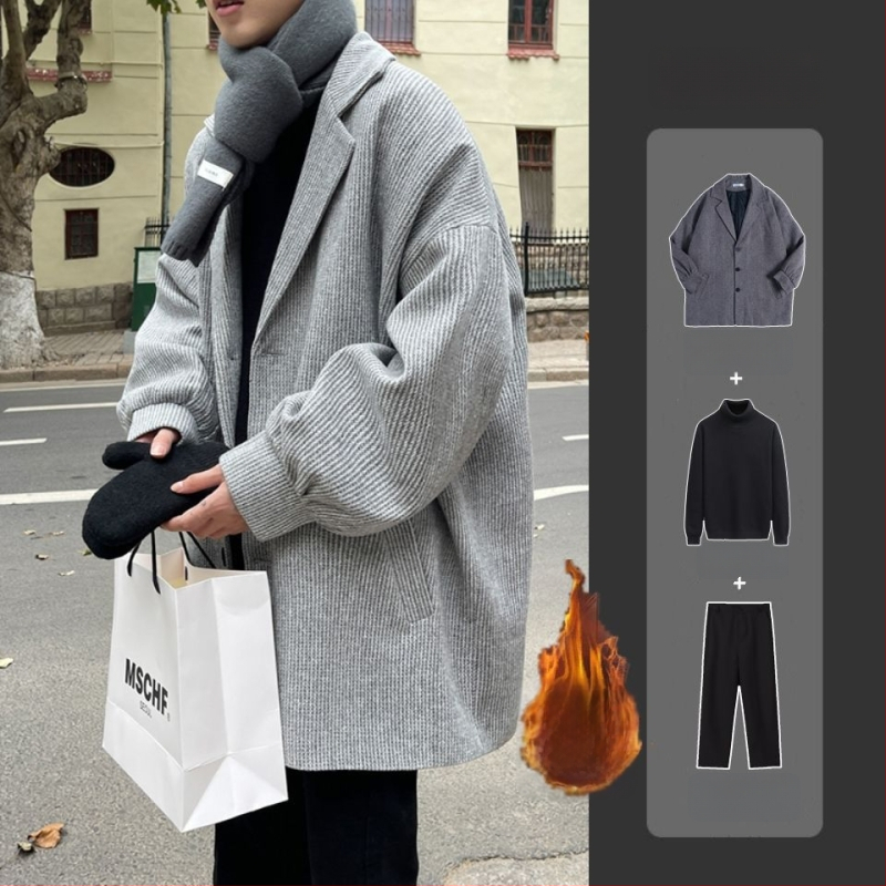 Pánsky vlnený kabát, hongkongský štýl, krátka dĺžka, jednopredné zapínanie, sakový golier, zajacie kožušiny