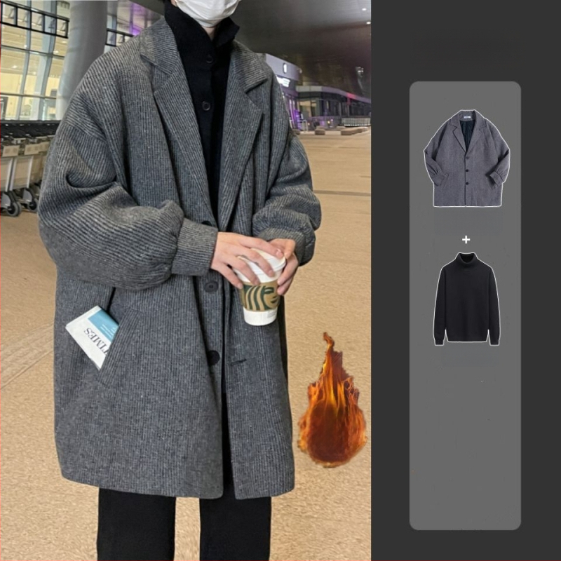 Pánsky vlnený kabát, hongkongský štýl, krátka dĺžka, jednopredné zapínanie, sakový golier, zajacie kožušiny