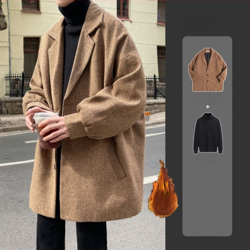 Pánsky vlnený kabát, hongkongský štýl, krátka dĺžka, jednopredné zapínanie, sakový golier, zajacie kožušiny