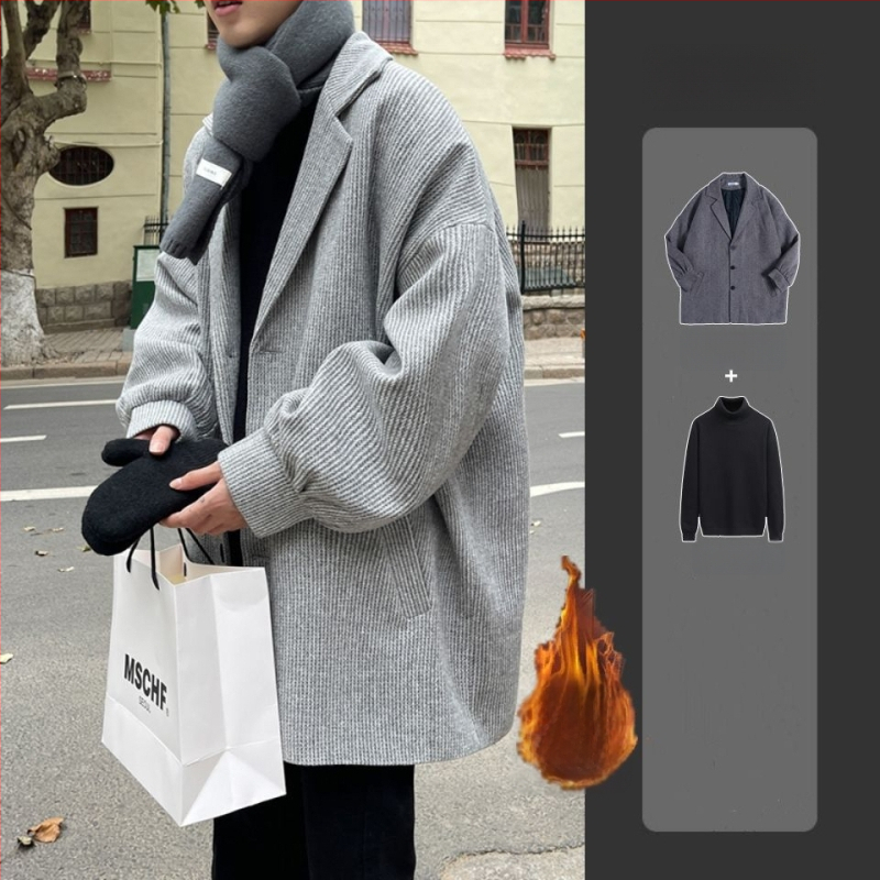 Pánsky vlnený kabát, hongkongský štýl, krátka dĺžka, jednopredné zapínanie, sakový golier, zajacie kožušiny