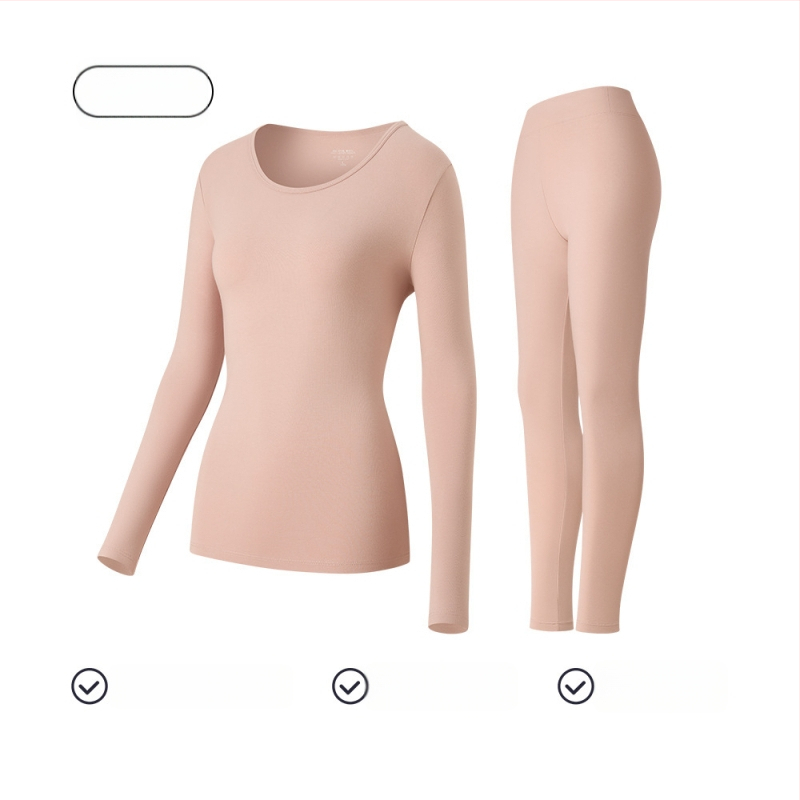 Moterų medvilninis terminis komplektas baziniam sluoksniui: ilgomis rankovėmis viršūnė ir kelnės su apvaliu kaklu, 181–200 g/m², 95–100% medvilnė, išlaiko šilumą