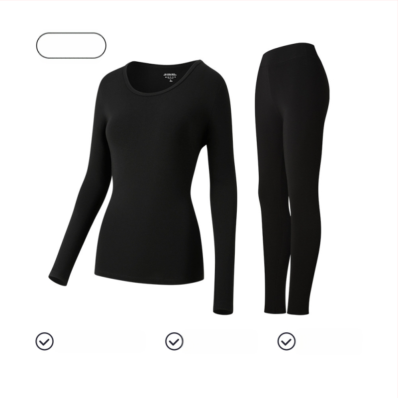 Moterų medvilninis terminis komplektas baziniam sluoksniui: ilgomis rankovėmis viršūnė ir kelnės su apvaliu kaklu, 181–200 g/m², 95–100% medvilnė, išlaiko šilumą