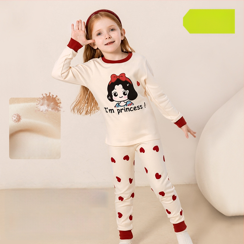 Vaikų pižamų komplektas - 95% medvilnė, 5% elastanas, antibakterinis, rudens–žiemos, unisex, princesės stilius, karikatūros raštas