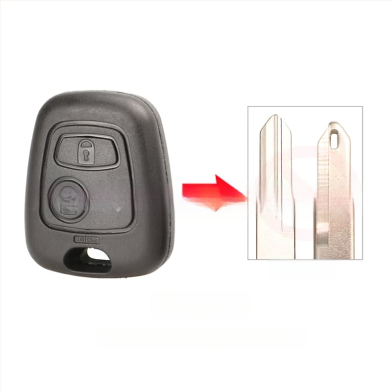 Automobilio rakto keitimo korpusas Toyota, Peugeot, Citroën – 2 mygtukų tiesus peilis; ABS korpusas; metalinė rakto plokštė; suderinami modeliai: 107, 207, 307, 407, 206, 306, 406