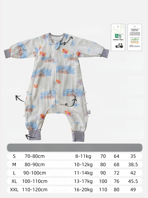 Miegmaišis kūdikiams ir vaikams, keturių sluoksnių bambukų pluošto ir medvilnės gazas (70/30) su padu, karikatūrų raštas, pavasario ir rudens sezonai, drėgmės valdymas