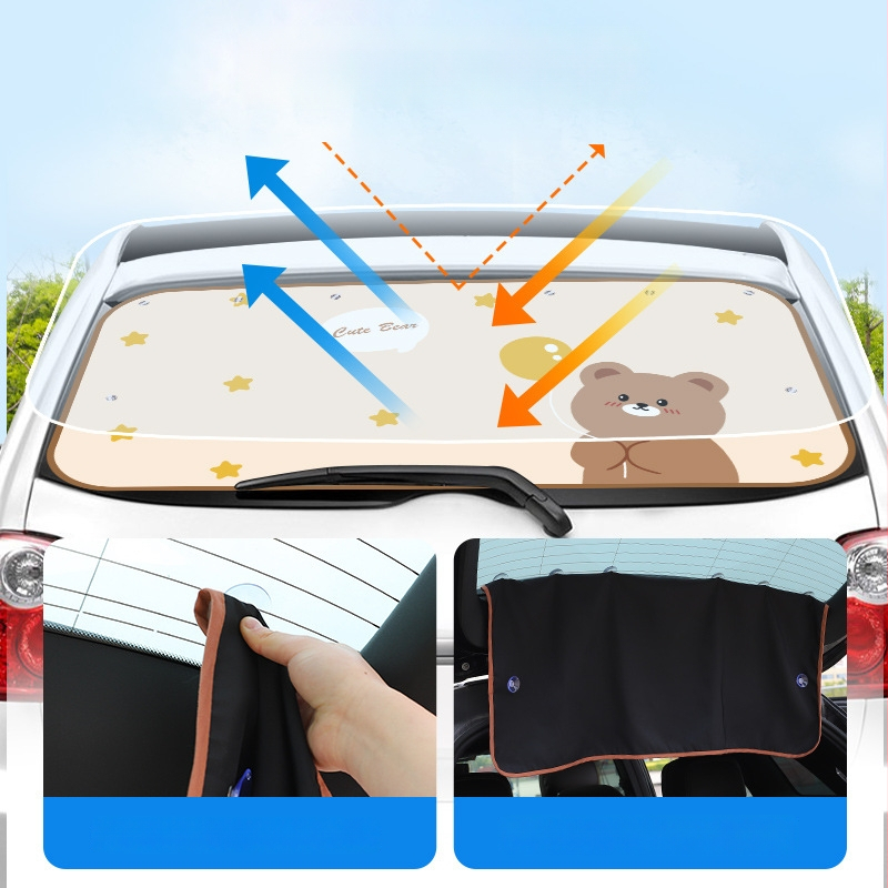 Auto päikesekaitse tagase akna imitorõngaga – lastele sobiv multikakujundus, päikesekaitse ja soojusisolatsioon (Materjal: varjutav kangas; Paigaldus: imitorõngaga; Stiil: karikatuur; Muster: animeeritud tegelased; Kohaldatavas osas: tagaaken)