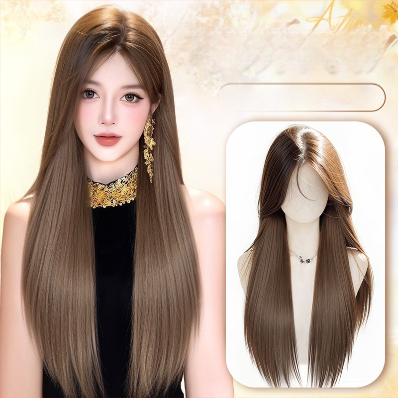 Garā taisna parūka ar bangs, Korejas stilā, modelis 9001, augstas temperatūras izturības šķiedras, mehāniskā kapes konstrukcija