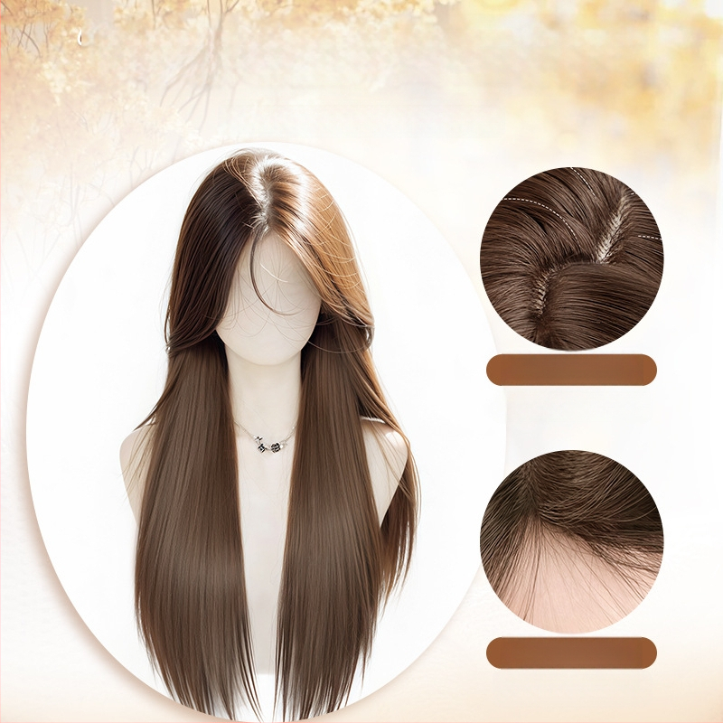 Garā taisna parūka ar bangs, Korejas stilā, modelis 9001, augstas temperatūras izturības šķiedras, mehāniskā kapes konstrukcija
