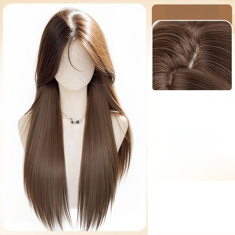 Garā taisna parūka ar bangs, Korejas stilā, modelis 9001, augstas temperatūras izturības šķiedras, mehāniskā kapes konstrukcija