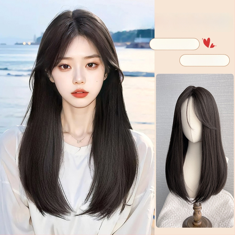 Parūka ar garu taisnu matu, vidusdaļa, pilna galvas pārklājums, dabisks izskats, karstumizturīgas šķiedras