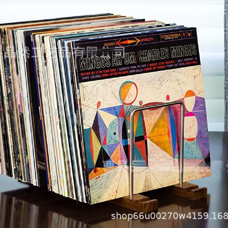 Vinilo plokštelių laikiklis su medžio–geležies konstrukcija – šiuolaikiškas stalinis ekspozicijos laikiklis, sulankstomas, Pinran