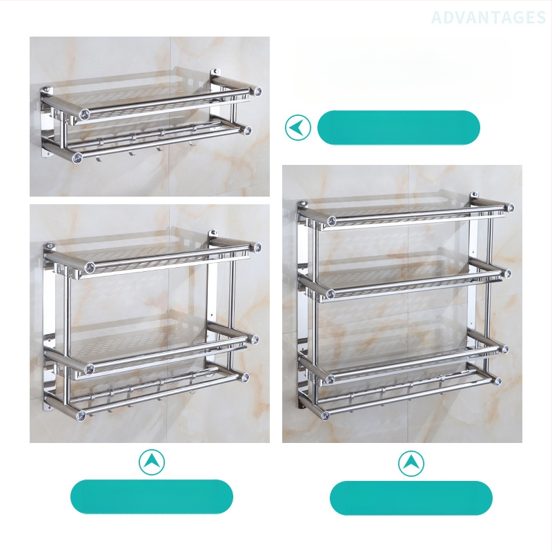 Nerūdijančio plieno vonios kambario rankšluosčių laikiklis, sieninis, su dvigubomis stulpais ir trim laikymo lygmenimis