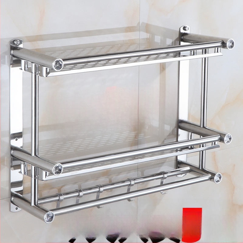 Nerūdijančio plieno vonios kambario rankšluosčių laikiklis, sieninis, su dvigubomis stulpais ir trim laikymo lygmenimis