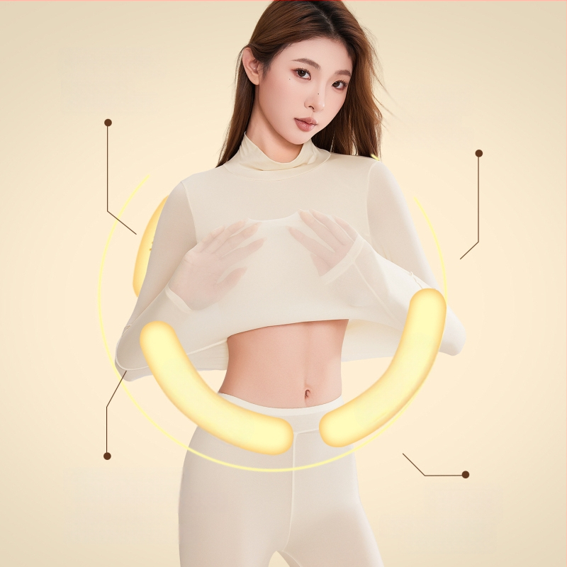 Moterų nailono topas su hialurono rūgštimi, aukšta elastinga, įmontuotos krūties pagalvėlės, pusiau aukštas kaklas, plonas audinys, ilgos rankovės
