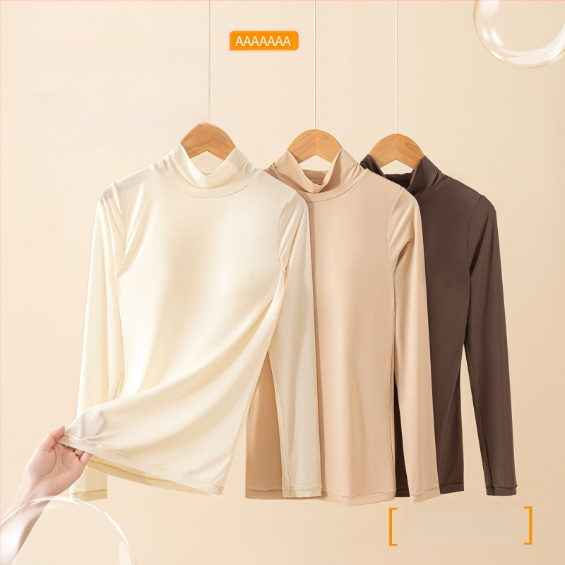 Moterų nailono topas su hialurono rūgštimi, aukšta elastinga, įmontuotos krūties pagalvėlės, pusiau aukštas kaklas, plonas audinys, ilgos rankovės