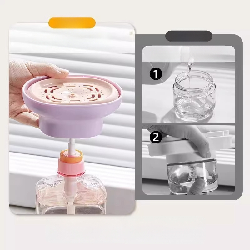 Käte vajutusega nõudepesuvahu doseerija kraanikaussile — PP korpus ja silikoonist tihend, 90 g kaal, sile viimistlus, kaasaegne minimalistlik disain