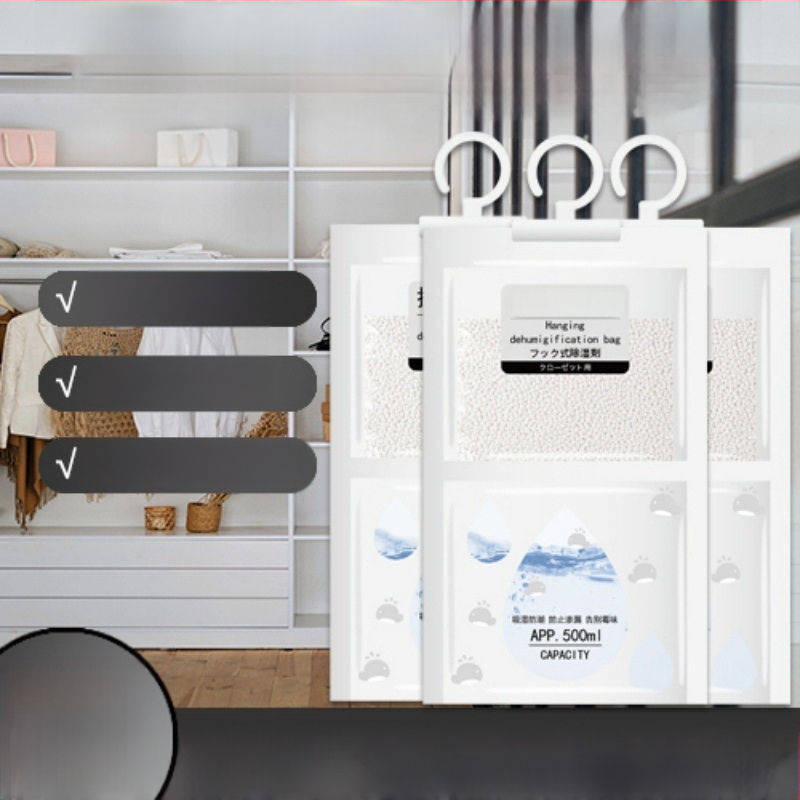 Pakabinama drėgmės sugėrimo pakuotė vidiniams drabužių spintoms ir bendrabutiams – 80 g, be kvapo, 100 vnt dėžutėje