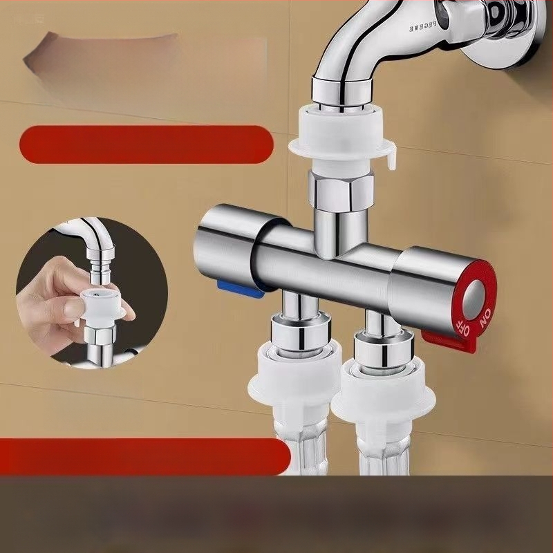 Jaotuv ventiil pesumasinile – ilma demontaažita, kiire ühendus, 3-tee, 1:2 jagaja, roostevaba teras, keraamiline diskiventiil