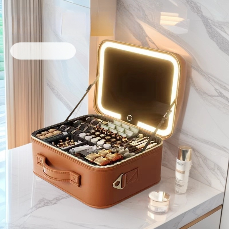 Kosmetinė dėžutė su LED apšvietimu ir veidrodžiu, nešiojama, didelės talpos, nuimamas atskyrimo skirsnis ir užtrauktukas