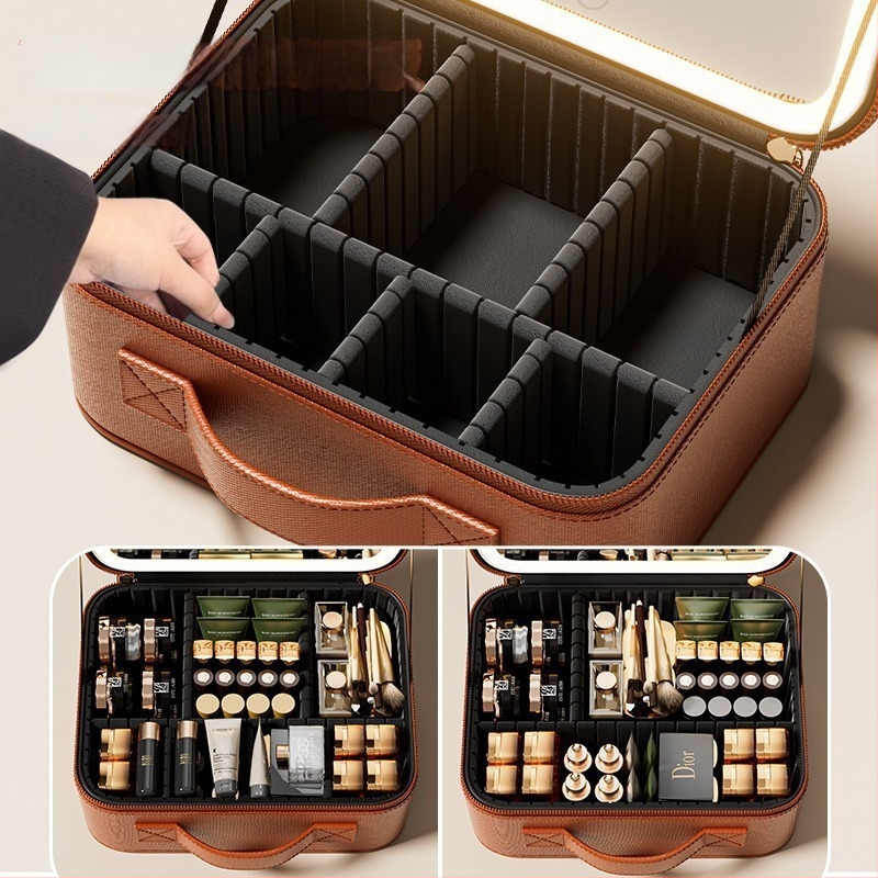 Kosmetinė dėžutė su LED apšvietimu ir veidrodžiu, nešiojama, didelės talpos, nuimamas atskyrimo skirsnis ir užtrauktukas