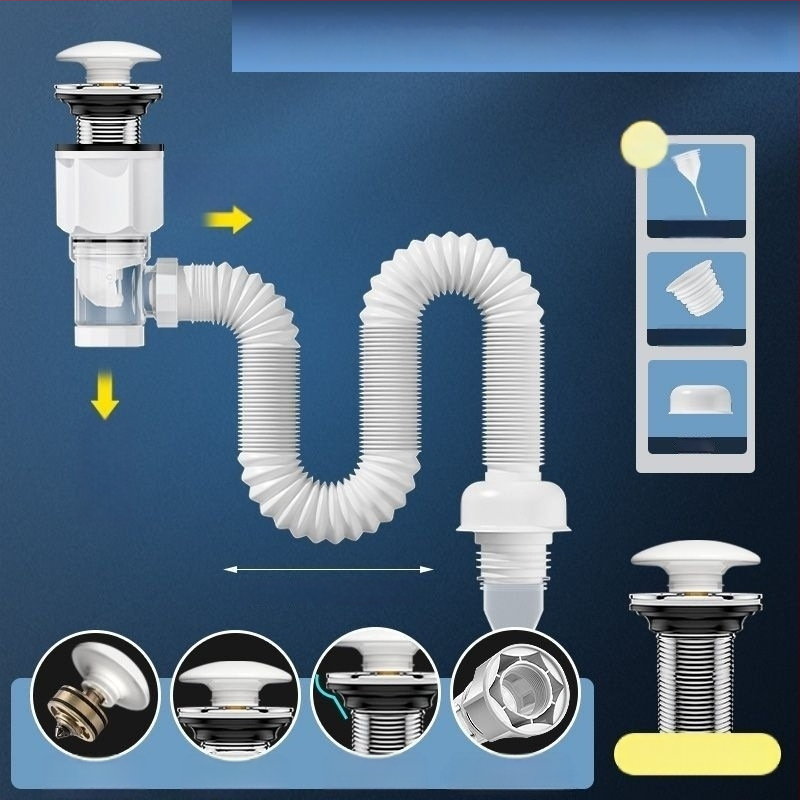 Valamu äravoolu kinnitus – plastik PP materjal, S-kujuline äravoolutor, lisaseade lõhna- ja putukakaitsega