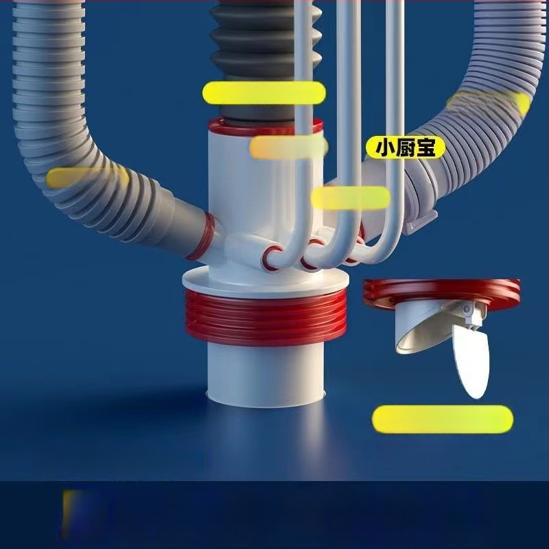 Kolmpealine köögivedelduja jagaja ABS-ist, P-kujuline kuju, tõstetav tüüp, mitmekülgne ühendus kraanile, nõudepesumasinale ja filtrile – Yayier bathroom