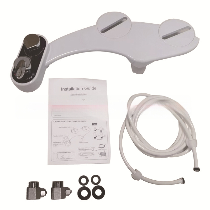 Išmanus bidė dangtis be elektros tiekimo, su dvigubomis purkštukomis, vandens temperatūros ir slėgio reguliavimas, reguliuojamas purkštukų atstumas 136–200 mm, ABS, CUPC sertifikuotas