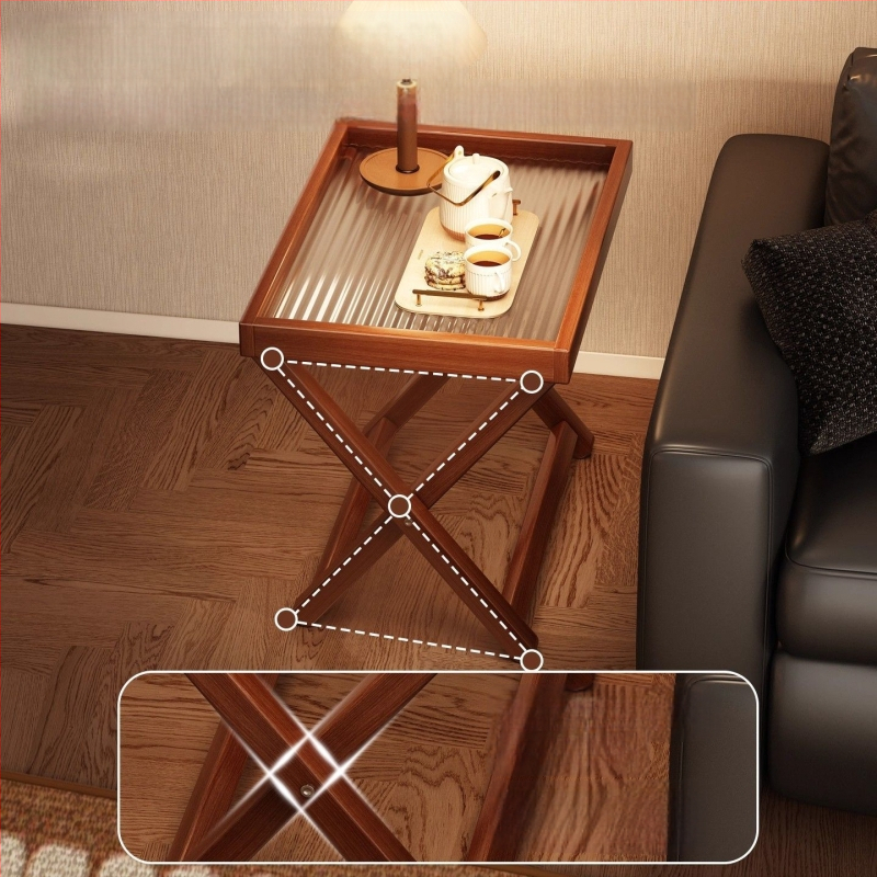 Sulankstomas bambukinis šoninis staliukas su akriliniu viršumi – šiuolaikiškas minimalistinis stilius, bambukinis rėmas, MDF plokštė, suderinamas su nešiojamuoju kompiuteriu