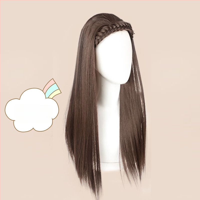 Moteriška peruka Korejos stiliaus, ilgi tiesūs plaukai, pintos pluoštai ir U formos pusgalio skrybėlė, modelis 870, aukštos temperatūros pluoštas
