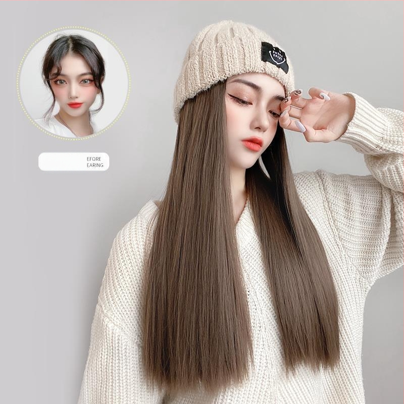 Dlhá rovná parochňa s pletenou čiapkou, kórejský štýl, úplné zakrytie hlavy, nadýchané vlasy, prirodzený vzhľad