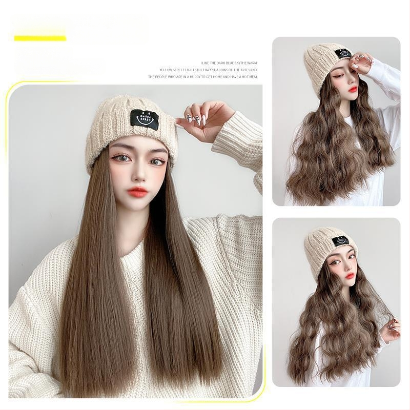 Dlhá rovná parochňa s pletenou čiapkou, kórejský štýl, úplné zakrytie hlavy, nadýchané vlasy, prirodzený vzhľad