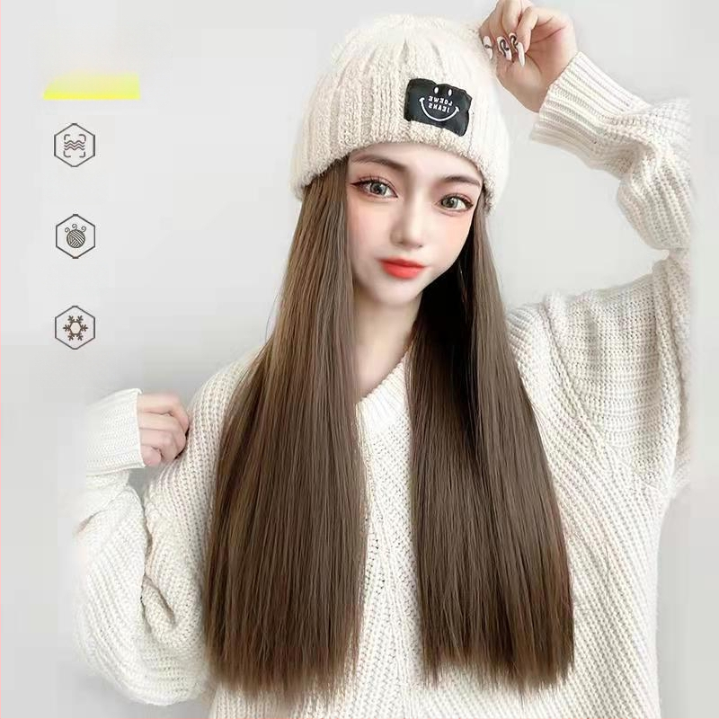 Dlhá rovná parochňa s pletenou čiapkou, kórejský štýl, úplné zakrytie hlavy, nadýchané vlasy, prirodzený vzhľad