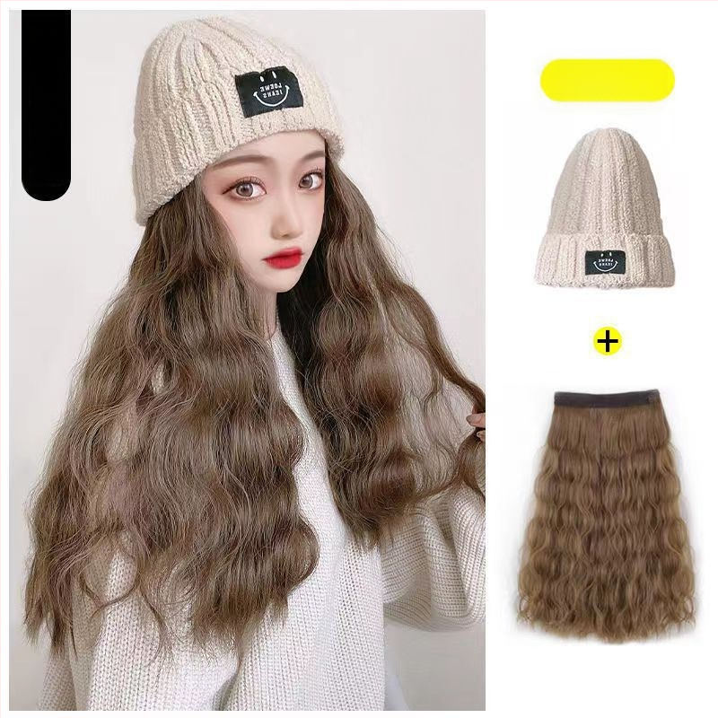 Dlhá rovná parochňa s pletenou čiapkou, kórejský štýl, úplné zakrytie hlavy, nadýchané vlasy, prirodzený vzhľad