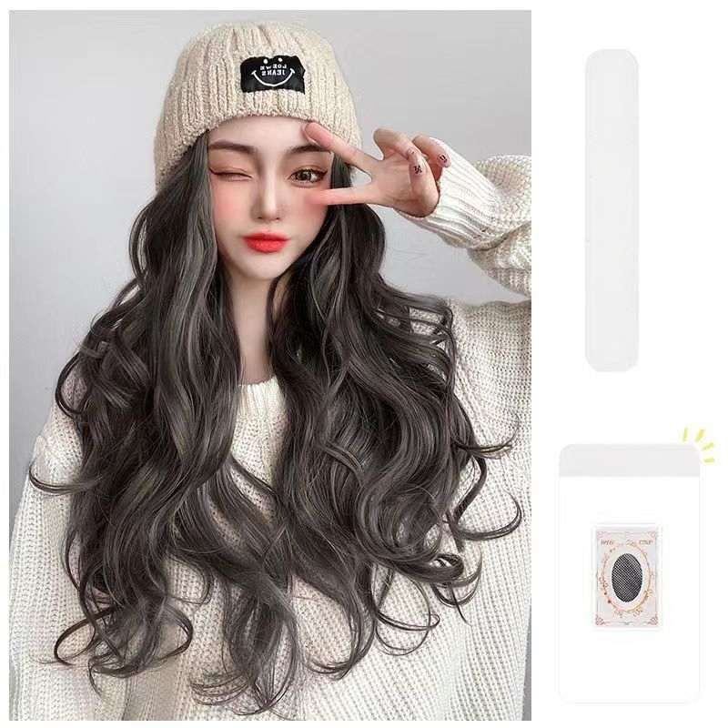 Dlhá rovná parochňa s pletenou čiapkou, kórejský štýl, úplné zakrytie hlavy, nadýchané vlasy, prirodzený vzhľad