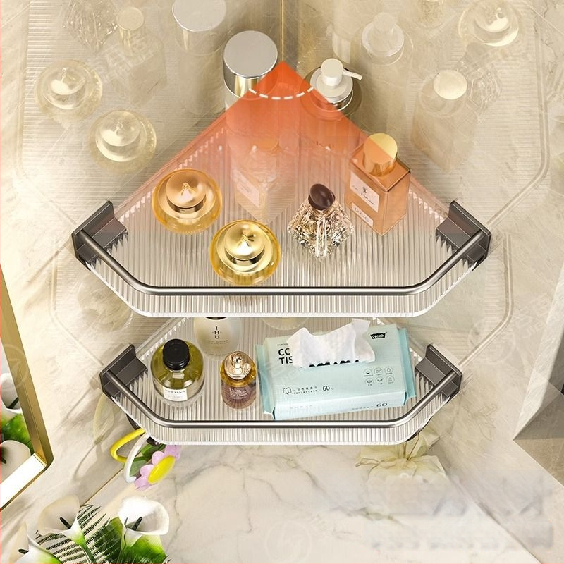 Trojuholníková rohová polica do kúpeľne, bez vŕtania, nosnosť 10 kg, materiál: plast + hliník, tvar: fanový roh, 1 polica, povrch: vstrekovanie + lakovanie