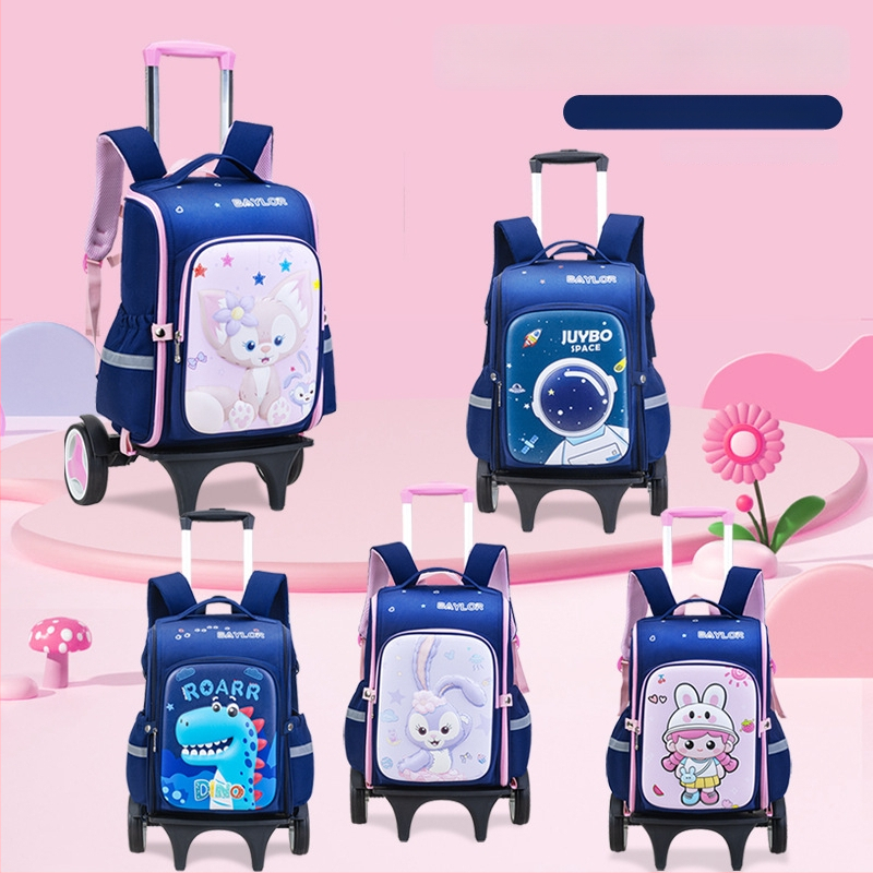 3D karikatūrų pradinės mokyklos kuprinė su ratukais, Oxford audinys, didelė talpa, vienpusiai ratukai, naštos mažinimas, naktinis matomumas