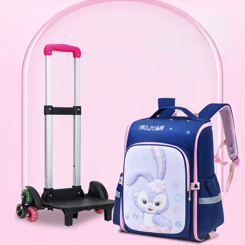 3D karikatūrų pradinės mokyklos kuprinė su ratukais, Oxford audinys, didelė talpa, vienpusiai ratukai, naštos mažinimas, naktinis matomumas