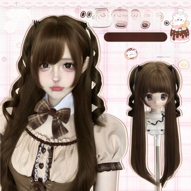 Parochňa pre BJD/Lolita – Dlhé rovné vlasy s ofinkou, teplovzdorné vlákno, Kórejský štýl, mechanizmus na objem