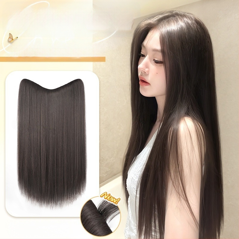 Jednodielne V-tvarované clip-in rozšírenie na dlhé rovné vlasy, nadýchaný objem, tepelne odolné vlákna, model B1125, neviditeľný okraj