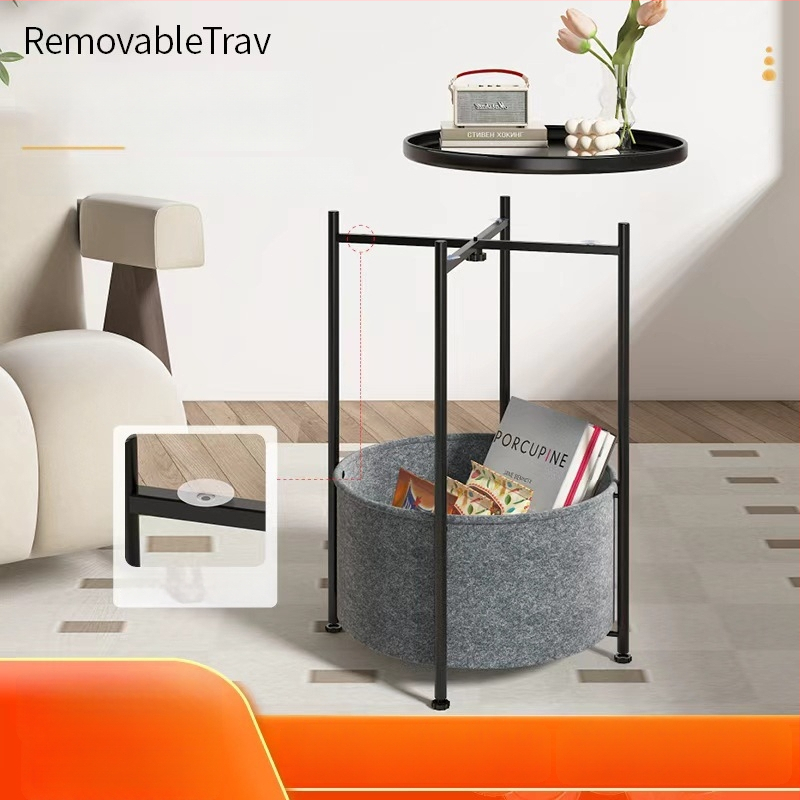 Sofa šoninis staliukas, apvalus geležies meno viršus, metalinė konstrukcija, saugojimo erdvė, sulankstomas