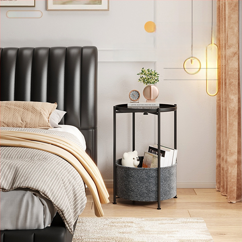 Sofa šoninis staliukas, apvalus geležies meno viršus, metalinė konstrukcija, saugojimo erdvė, sulankstomas