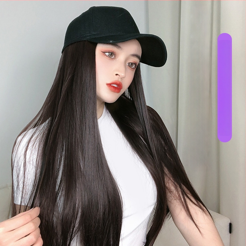 Dámska parochňa s integrovaným baseballovým klobúkom, dlhé rovné vlasy, korejský štýl, vlasy z vysokoteplotných vlákien, jednovrstvé pokrytie hlavy