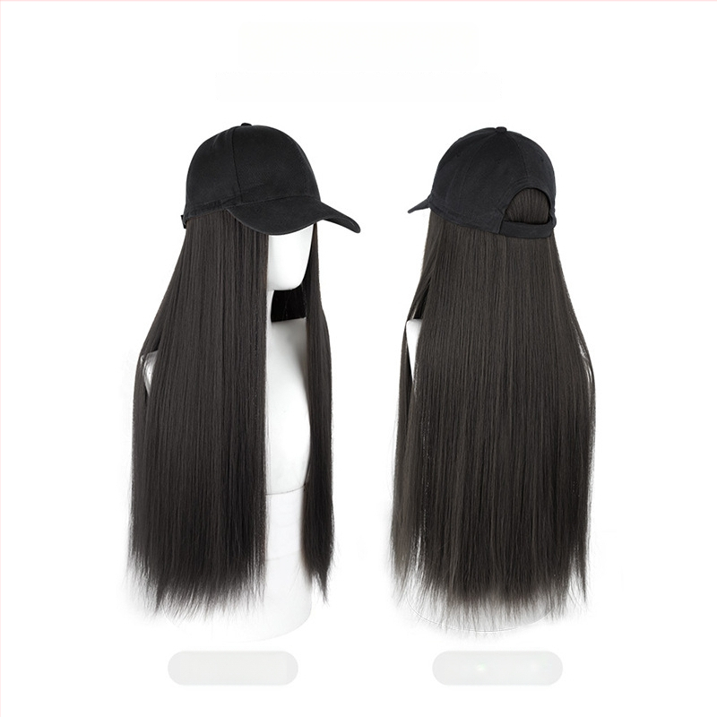 Dámska parochňa s integrovaným baseballovým klobúkom, dlhé rovné vlasy, korejský štýl, vlasy z vysokoteplotných vlákien, jednovrstvé pokrytie hlavy