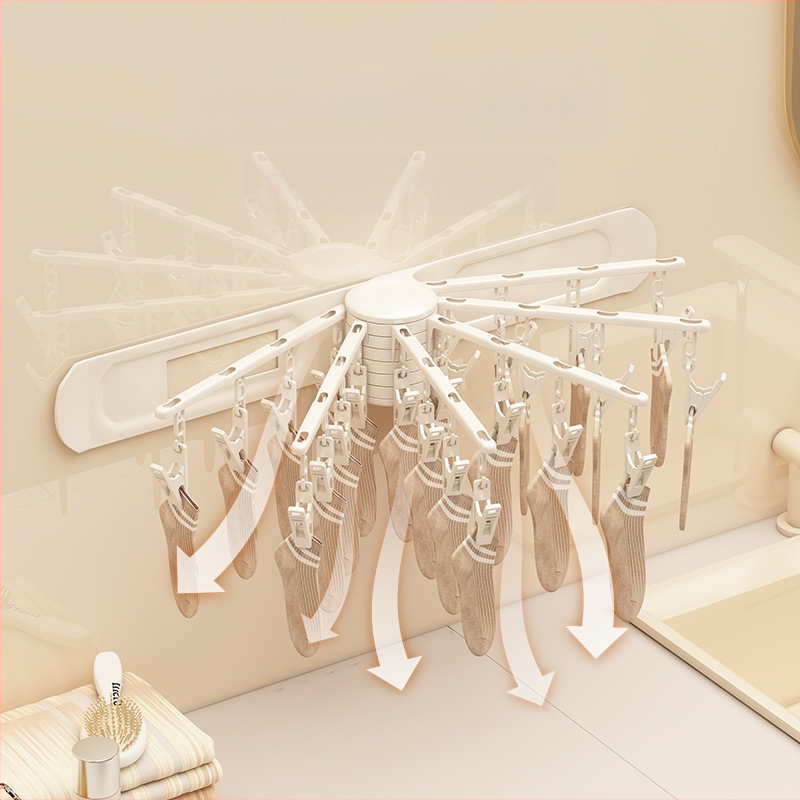 Pagriežama žāvēšanas statīvs drēbēm, 24 klipi, sienas montāža, plastmasas materiāls, zeķēm un apakšveļai
