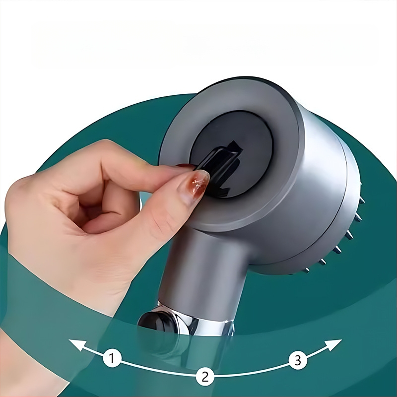 Kaasaskantav duššipea 3 režiimiga, suurendatud rõhk, ABS ümmargune korpus, silikoonmassaaži harja