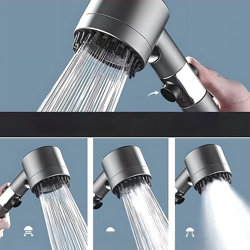 Kaasaskantav duššipea 3 režiimiga, suurendatud rõhk, ABS ümmargune korpus, silikoonmassaaži harja