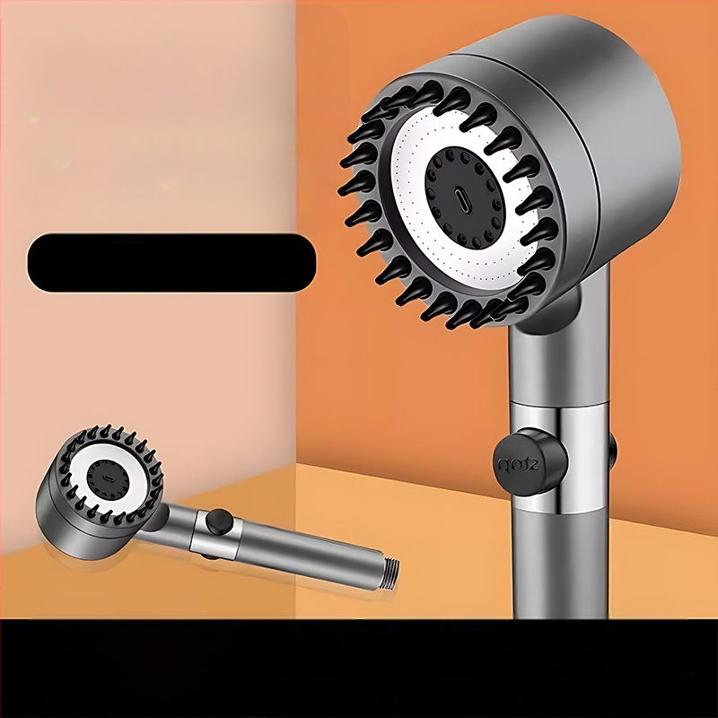 Kaasaskantav duššipea 3 režiimiga, suurendatud rõhk, ABS ümmargune korpus, silikoonmassaaži harja